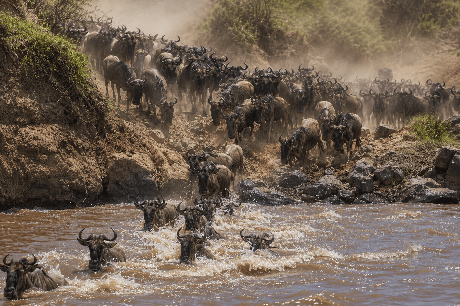 Thousands of wildebeest crossing the crocodile-infested Mara River during Africa's Great Migration in Kenya